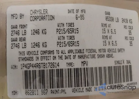 1996 Plymouth Grand Voyager Se z USA, uszkodzony, nr VIN 1P4GP44R6TB172614